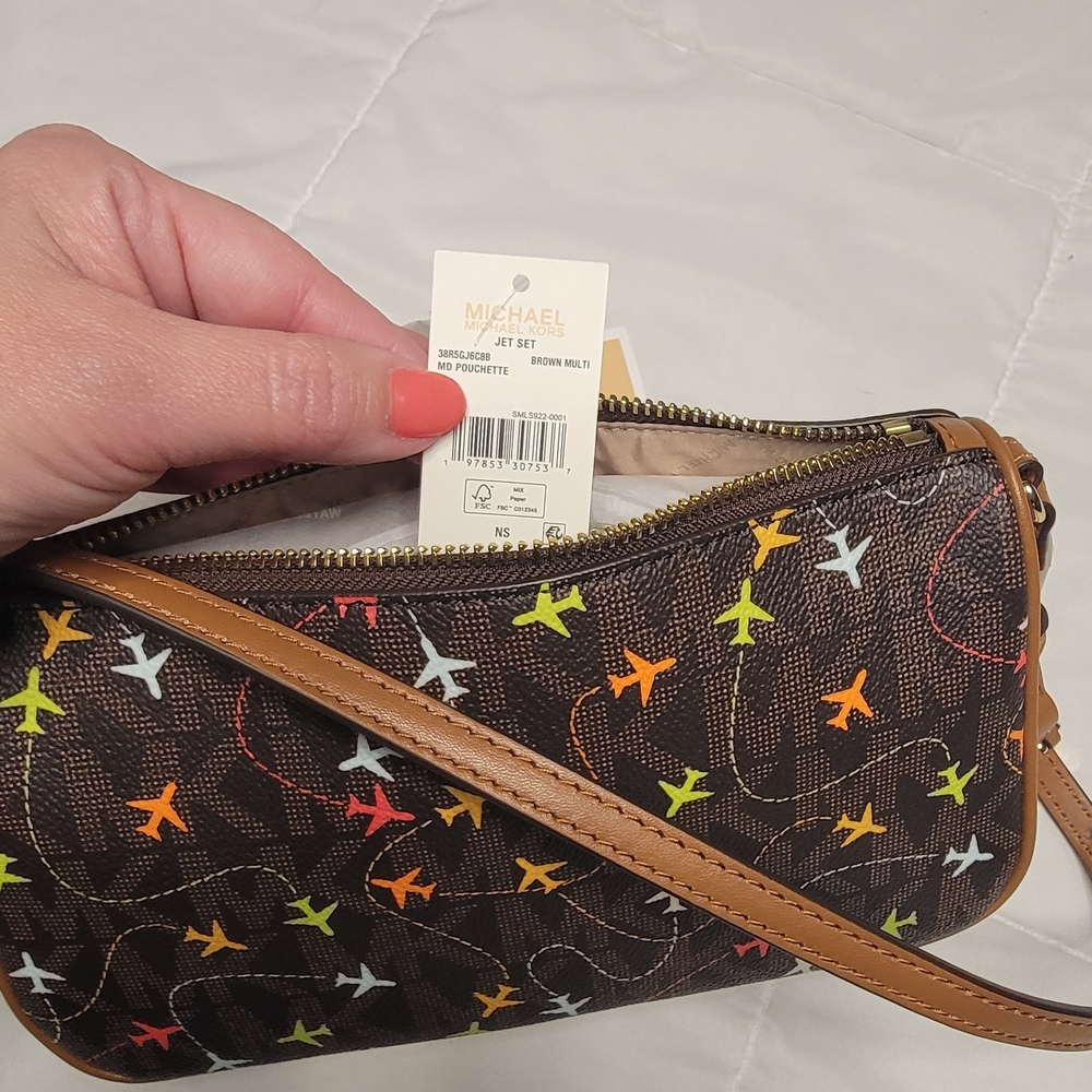 Michael Kors Brown Crossbody Bag with Colorful Airplane Design
